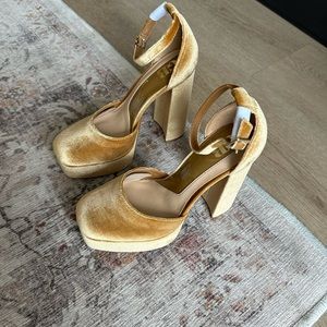 Gold platform velvet heels